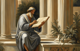 AI-depiction-of-a-painting-of-Euclid-studying-a-sunny-evening-in-ancient-Greece.-Credit-DALLE-...png